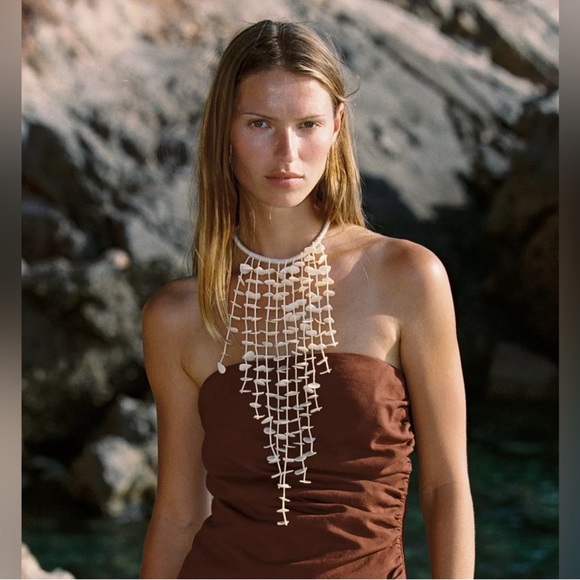 Zara Shell Cord Waterfall Necklace w Beads NIB NWT - Picture 2 of 13